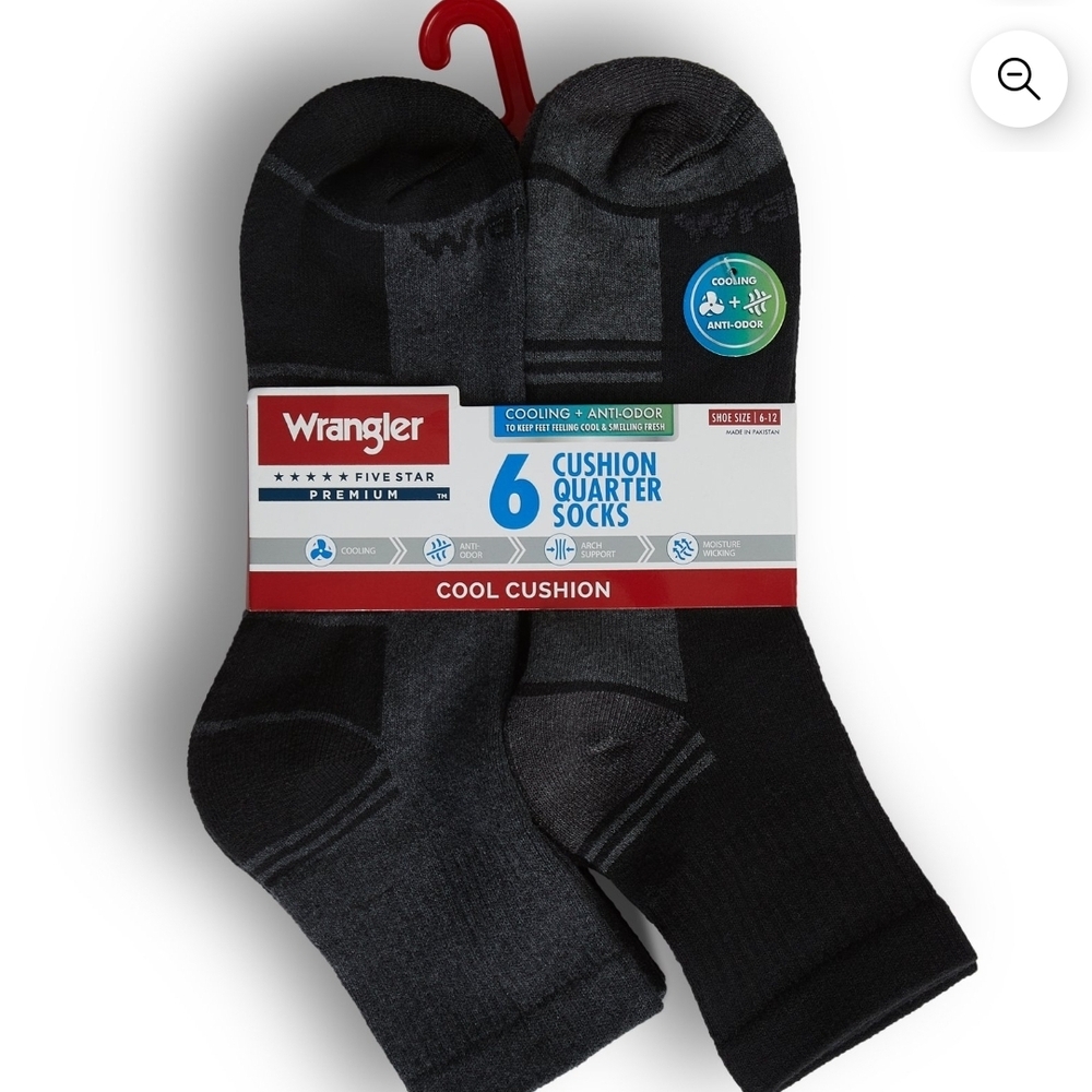 Wrangler Men's Gray and Black Cushion Quarter Socks 6 Pairs Size 6-12